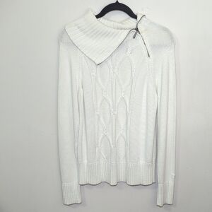 Calvin Klein White Cable Knit Shawl Collar Sweater Shoulder Zip Women's Size XL